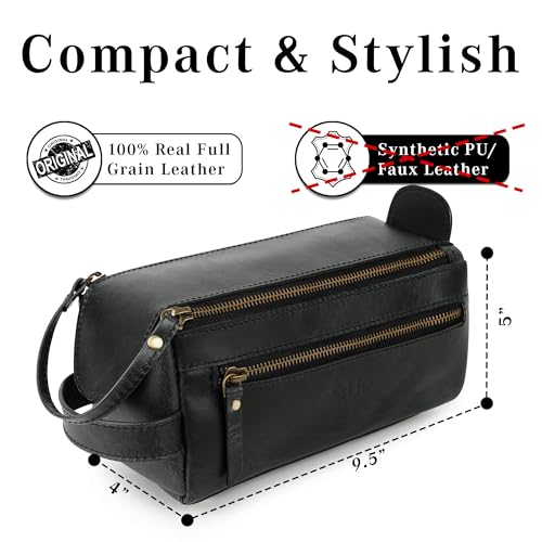 Premium Handmade Leather Toiletry Bags for Men and Women, Genuine Leather Dopp Kit and Shaving Bag for Men, Travel Cosmetic Bag for Women's and Men's, Zipper Pocket, Black - color: Distressed Black (Large)