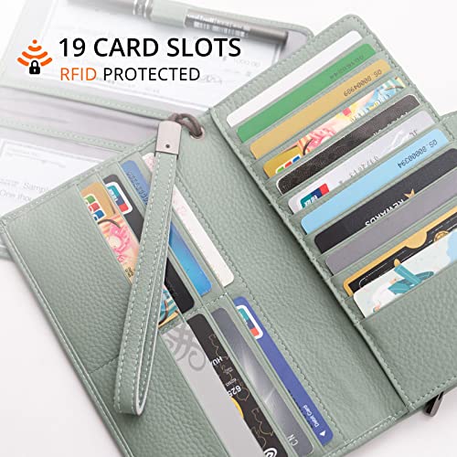 Bveyzi Women's Big Fat Rfid Leather Wristlet Wallet Organizer Large Phone Checkbook Holder with Zipper Pocket (Mint Green) - color: Mint Green