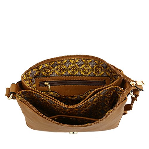 ALYSSA Double Compartment Large Flapover Crossbody Bag - color: Camel