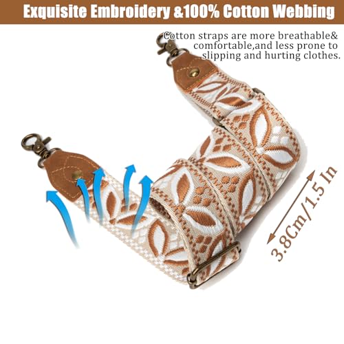 Purse Strap, 1.5" Cowhide Head Wide Shoulder Bag Strap Adjustable Replacement,Jacquard Embroidery Crossbody Bag Straps - color: Brownwhite Leave