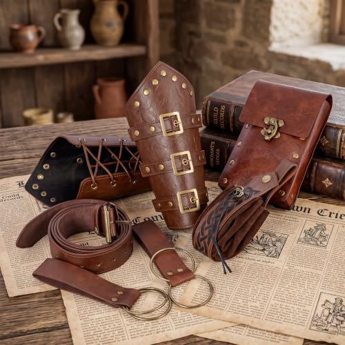 7PCS Renaissance Accessories Set | Including Medieval Belt with Belt Pouch, Coin Pouch, Leather Bracers & O-Ring Hangers for Halloween, LARP, Viking & Cosplay - color: Brown