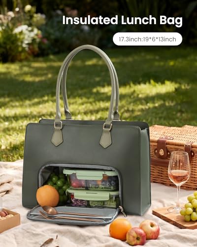 LOVEVOOK Laptop Tote Bag for Women, PU Leather Work Bag, Teacher Tote - color: Green Embossed, size: 17.3 inch-with lunch compartment
