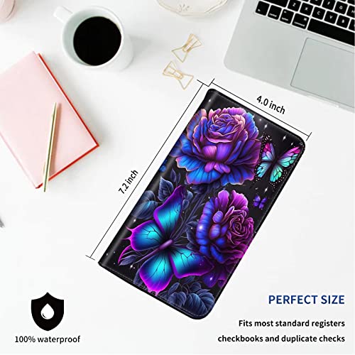 DEGDFSGR Checkbook Cover - Premium Leather Standard Duplicate Register Check Card Book Holder Wallet with RFID Blocking Function for Girl Men Women,Purple Rose Flower - color: Purple Rose Flower