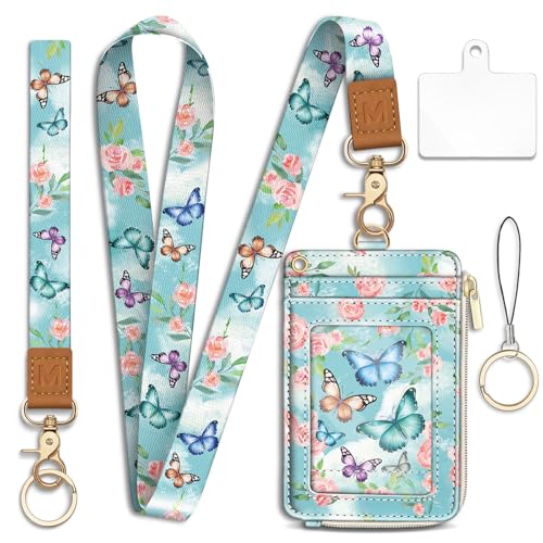 Butterfly Lanyard Wallet with Id Badge Holder Keychain Card Women - color: Butterfly Flower