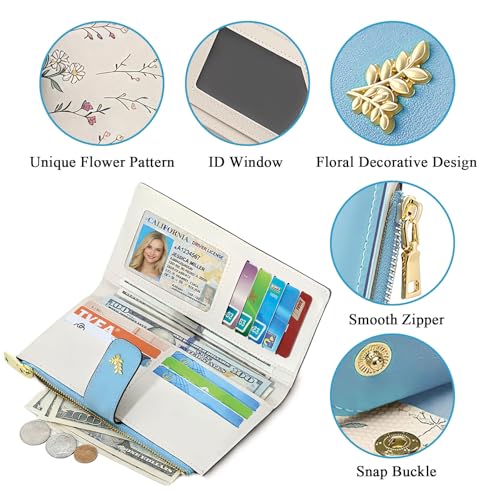 Women's Bifold Long Wallet, Slim & Thin RFID Blocking Floral Vegan Leather Card Holder with Bow Keychain (Blue) - color: Blue