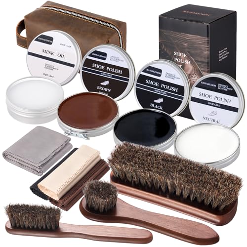 RAPSAKEMOH Shoe Polish Kit, Horsehair Brush Shoe Shine Kit For men | Shoes Boots Care Brushes Polish Kit - color: Dark Brown
