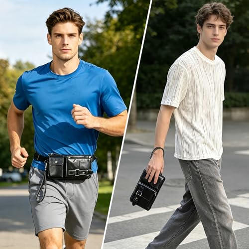 Water Resistant Canvas + Leather Hiking Riding Travel Fanny Waist Pack Small Phone Pouch For Men Women FB811-29 (100% Leather-The 8135 Black) - color: 100% Leather-The 8135 Black