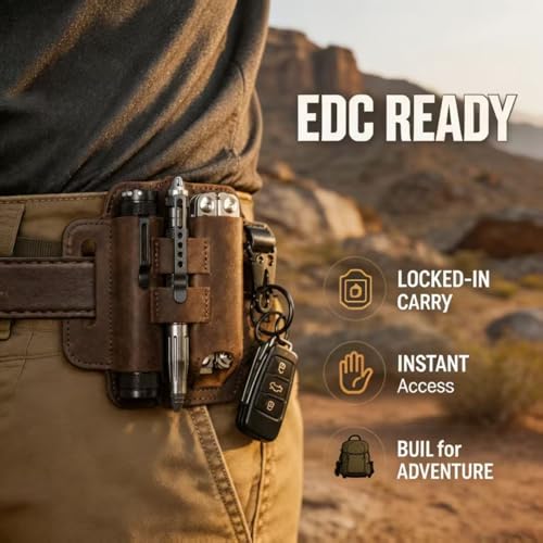 Leather Multitool Sheath for Belt – EDC Pouch & Leather with Flashlight Holder,Pen Loop & Keychain Clip –Multi Tool Holster Pouch for Men,Gift - color: Brown