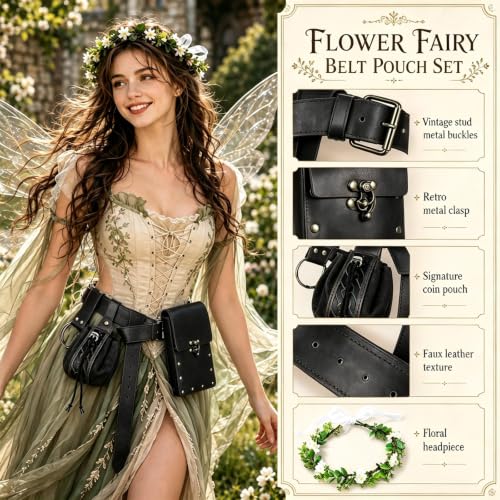 Renaissance Belt Pouch Medieval Pirate Costume Accessories Set for Cosplay | Viking Faux Leather Waist Bag, Skirt Hike Clips, Perfect for Women and Men Ren Faire, LARP, Fantasy, Halloween - color: Black-E