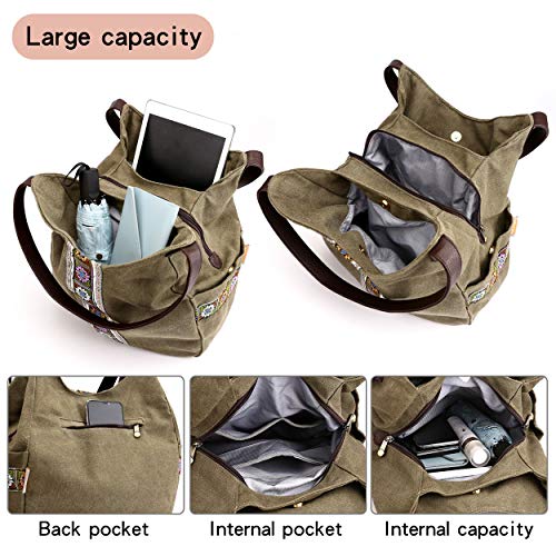 Worldlyda Women Canvas Hobo Purse Multi Pocket Tote Shopper Shoulder Bag Casual Top Handle handbag with Embroidery Ethnic - color: Mint Green