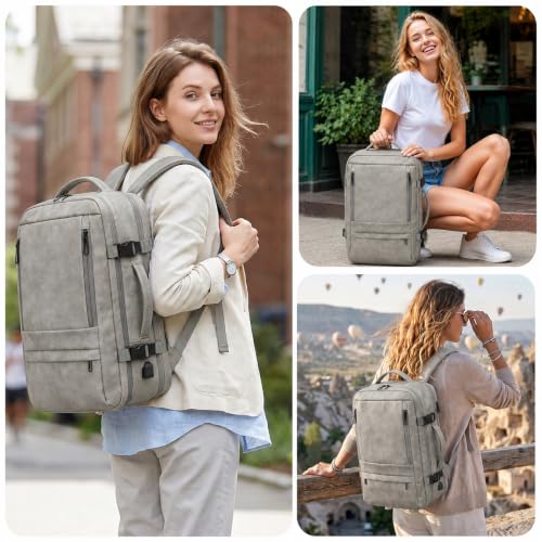40L Travel Backpack for Men, Carry On Backpack Flight Approved, Grey | PU Leather, Flight Approved, Laptop Sleeve, Expandable, for College Travel - color: Grey
