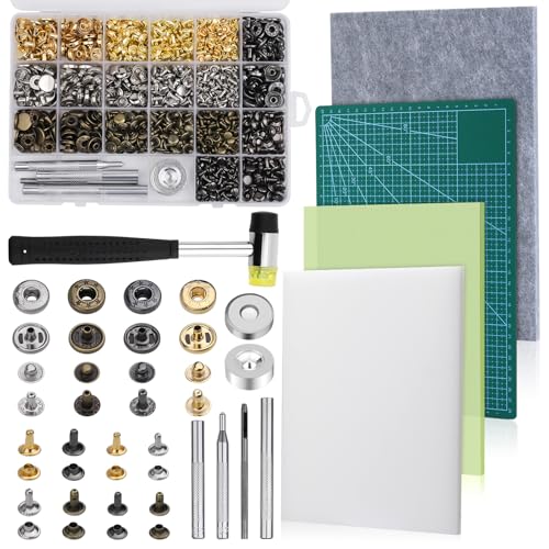 Yizzvb 320 Pcs Leather Rivets Kit+4 Pcs Leather Punch Pads, 2 Size Double Cap Rivets Tubular, Leather Cutting Mat, Sound Absorbing Pad and A4 Self Healing Cutting Mat, Punching and Installation Tools