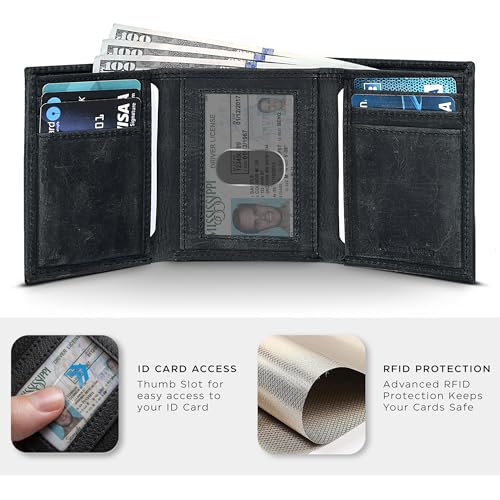 Trifold Leather Wallet for Men - RFID Slim Minimalist Front Pocket 6 Slots - color: Hunter Black