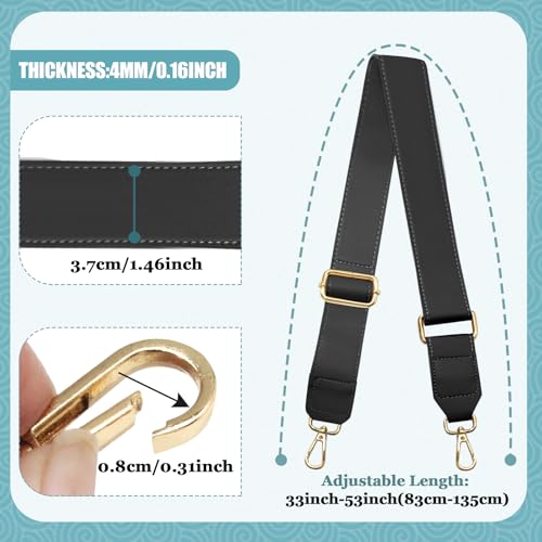 Black Leather Purse Strap Wide Adjustable Shoulder | Handbag Replacement, Crossbody, Swivel Clasps, 33~55 inch - color: Black