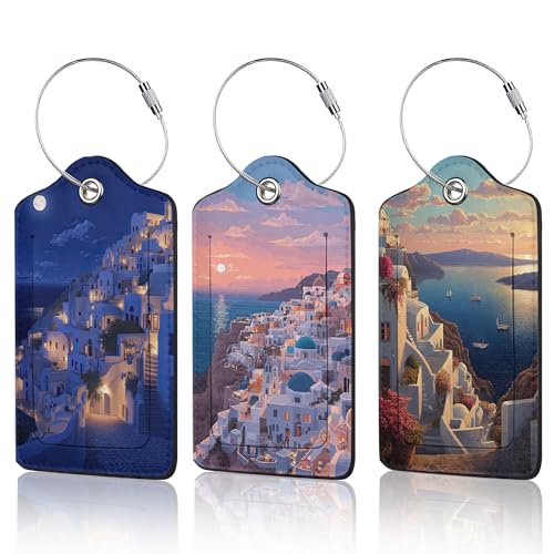 Santorini Sunset Landscape Luggage Tag for Suitcase,Design with Privacy Flap Name ID Label Metal Loop, 3 Pack - color: Santorini Sunset Landscape