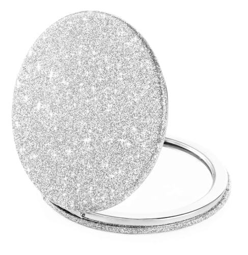 Silver Compact Mirror for Women,Magnifying Travel Mirror with Glitter,Double-Sided Small Pocket Mirror,Portable 2 x 1x Magnification Folding Makeup Mirror,Cosmetic Mirror for Gift - color: Silver-round