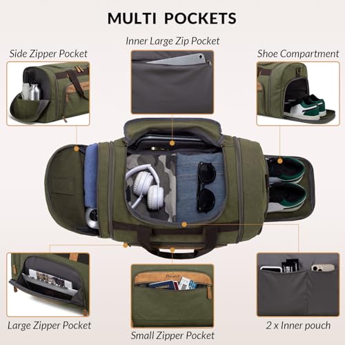 Canvas Duffle Bag 50L Expandable Travel Weekender Bags, Army Green | Travel Duffel Bags for Men Women, Weekender Overnight Bag with Shoes Compartment, for Travel, Camp, Gym, Business - color: Army Green