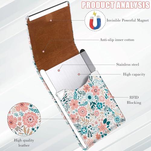 2Pack Leather Stainless Steel Business Card Holder, Metal Slim Business Card Case for Women or Men, Pocket Business Card Carrier with Prints, Magnetic Closure, RFID Blocking - color: Flower-Daisy