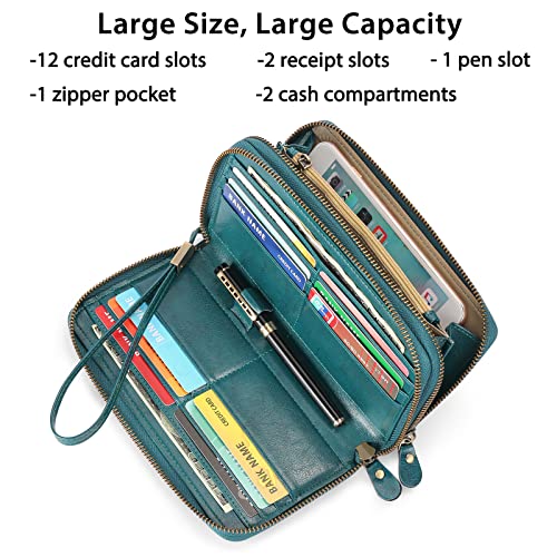 SENDEFN Leather Women Wallet RFID Blocking Zipper Around Phone Holder Clutch Wristlet Large Capacity - color: Peacock Blue