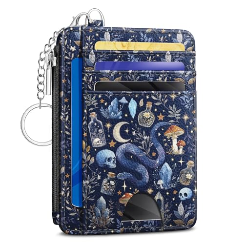 Kelvoris Credit Card Holder Small Wallet Women, Slim RFID, Goth Mushroom | Keychain, Zipper Coin Pocket, Front Pocket Thin Travel Card Case, Minimalist, 6 Card Slots, 1 ID Window, Ladies Gifts Woman - color: Blue Goth Skull