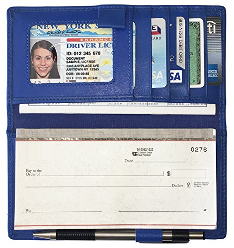 RFID Leather Checkbook Cover With Credit Card Slots and Pen Holder - color: Cobalt Blue