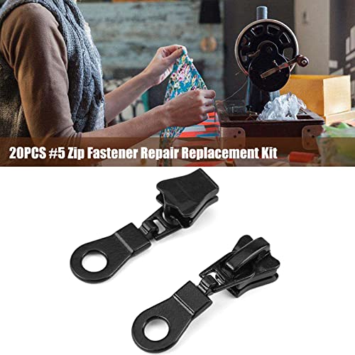 Fdit 20pcs Zipper Sliders Zipper Pulls Metal Alloy Zipper Pull Slider Head Size #5 Zip Fastener Repair Replacement for Bags Luggages Purses (Black)