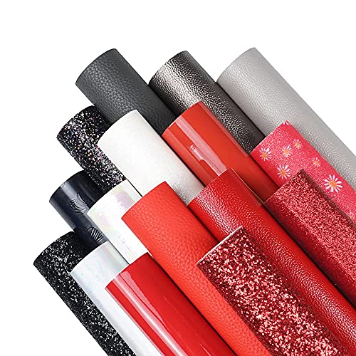 16 Pieces 8x6 Inch New Contrast Colors Black White Red Series Faux Leather Fabric Sheets Include Metallic Litchi Daisy Fine Chunky Glitter Patent Butterfly for Leather Earring Bows Making - color: Black White Red Series
