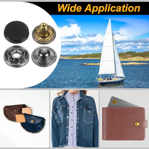 HARFINGTON 24Set Leather Snaps Fasteners Kit 10mm Dia Brass Press-Stud Cap Button 2.76" Length Metal Snap Buttons with 4 Install Tools for Coat Bag Leather Marine Boat Canvas, Matte Black - color: Matte Black