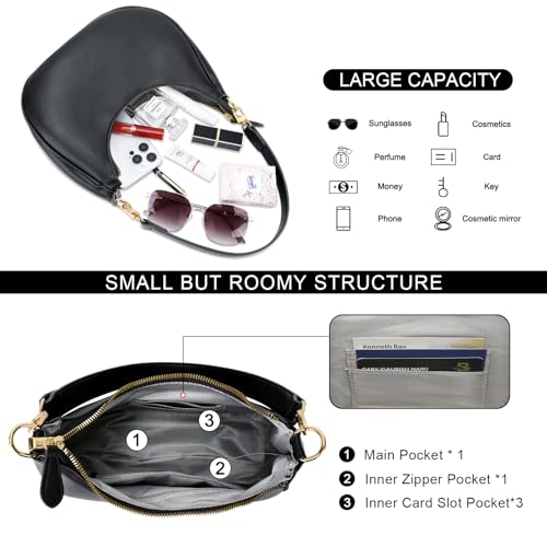 KKXIU Small Shoulder Bag for Women Mini Clutch Purses Cute Hobo Handbags | Classic Trendy Retro Underarm Crossbody Bag with Detachable Straps, Vegan Leather, Zipper Closure - color: Black
