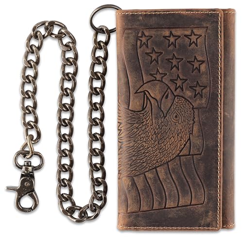 F&L CLASSIC RFID Blocking Mens Tri-fold Long Style Cowhide Leather Steel Chain Wallet,brown eagle/flag,212-101 - color: brown with eagle/flag
