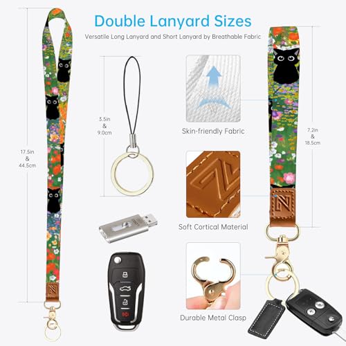 2-in-1 ID Badge Holder & Lanyard Wallet，Cute Zippered Pouch Cat Flowers 2 | for Teachers,Nurse,Professionals，Removable Wristlet & Neck Lanyard,5 Card Slots Stylish Work Essential - color: Cat Hidden Among the Flowers 2