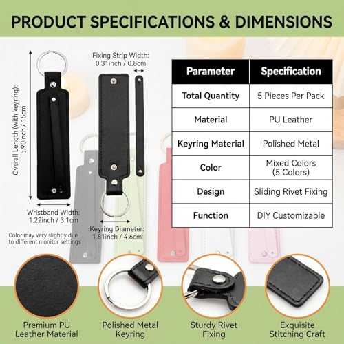 UPSTORE 5 Pack PU Leather Keychain Blank DIY Keychains with 8mm Belts for Charms Letters Beads Craft Making Supplies