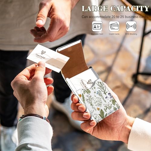 2Pack Leather Stainless Steel Business Card Holder, Metal Slim Business Card Case for Women or Men, Pocket Business Card Carrier with Prints, Magnetic Closure, RFID Blocking - color: Flower-Vintage