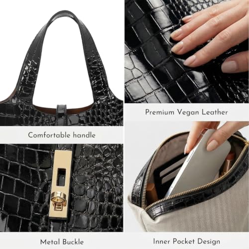 Tote Bag for Women Top Handle Handbag Satchel Bag for Women Vegan Leather Lock Design Bucket Purse for Work Evening - color: B