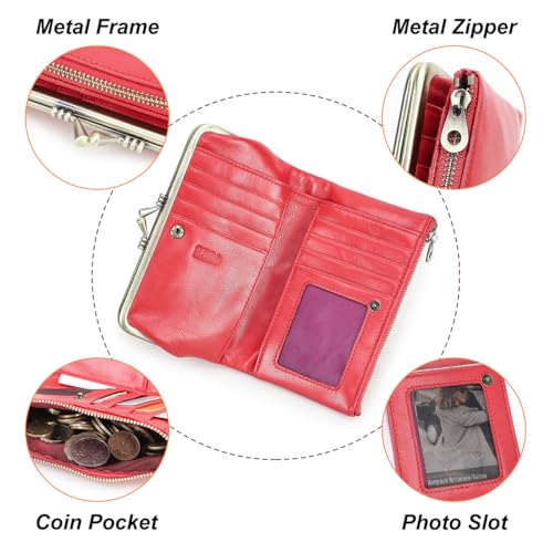 CONTACTS Full Grain Goat Leather Kiss Lock Wallet for Women Vintage Clutch Wallet with Rfid Blocking Zipper Coin Purse (Red) - color: Red