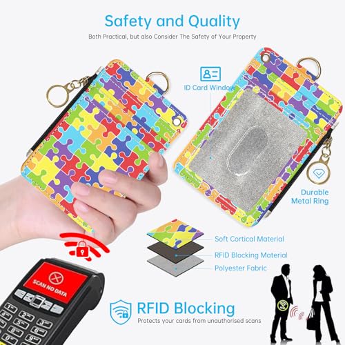 2-in-1 ID Badge Holder & Lanyard Wallet，Cute Zippered Pouch Puzzle | for Teachers,Nurse,Professionals，Removable Wristlet & Neck Lanyard,5 Card Slots Stylish Work Essential - color: Puzzle