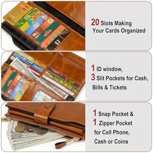 YALUXE Women's RFID Real Leather Wallet with 21 Card Slots Phone Pocket - color: 1- Waxed Brown, size: Genuine Leather