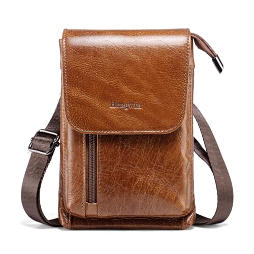 Genuine Leather Small Crossbody Bag for Men Women, Cellphone Belt Pouch Bag, Travel Passport Wallet, Shoulder Holster - color: Brown