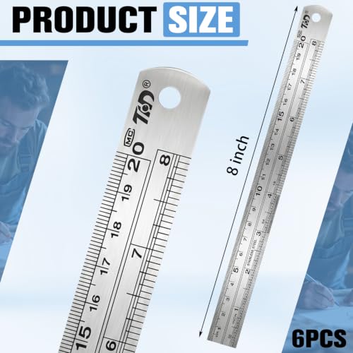 6 Pcs 8 Inch Stainless Steel Ruler Set, Metal Straight Edge with Inch and Metric Scale, Non Bendable Measuring Tool for Woodworking, Drafting, Sewing & Construction, Tailoring & Surveying - size: 8 Inch