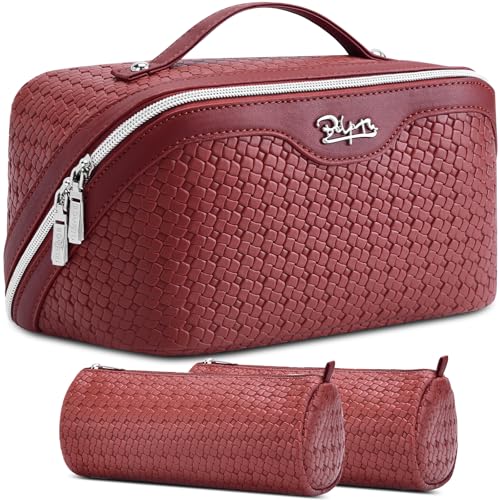 BOYATU Travel Makeup Bag Cosmetic Bags for Women: 3 Pcs Set Make up Bag | Large Capacity Waterproof Vegan Leather Organizer Bags with Compartments - Lay flat Toiletry with Handle (L52Burgundy) - color: L52Burgundy