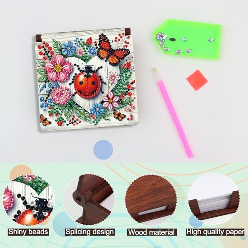 JISHSHAY Ladybird Diamond Painting Note Box Flower Diamond Art Sticky Note Holder Gem Art Notecard Box Gem Painting Mosaic Kits for Adults Embroidery Kit Memo Pad Holder, Contains 160 Sheets of Paper - color: Ladybird 1