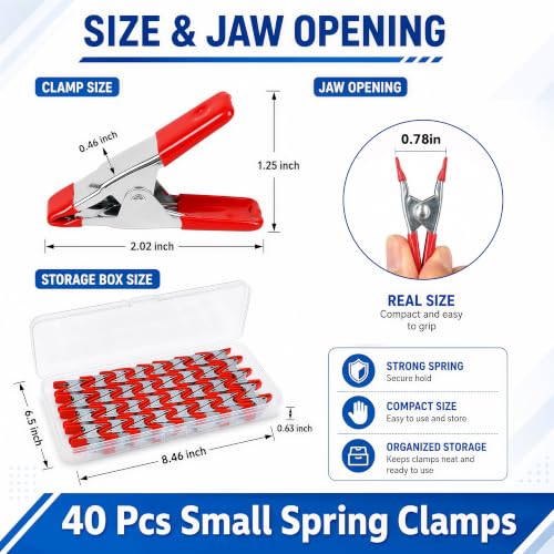 40 Pcs Small Spring Clamps, 2 Inch Red Metal Clip for Crafts, Heavy Duty Woodworking Fastener, Photography Muslin Backdrop Holder, 0.78 Inch Maximum Opening - color: Red