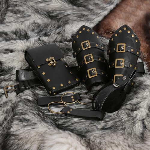 Renaissance Belt Pouch Medieval Pirate Costume Accessories Set for Cosplay | Viking Faux Leather Waist Bag, Skirt Hike Clips, Perfect for Women and Men Ren Faire, LARP, Fantasy, Halloween - color: Black-R
