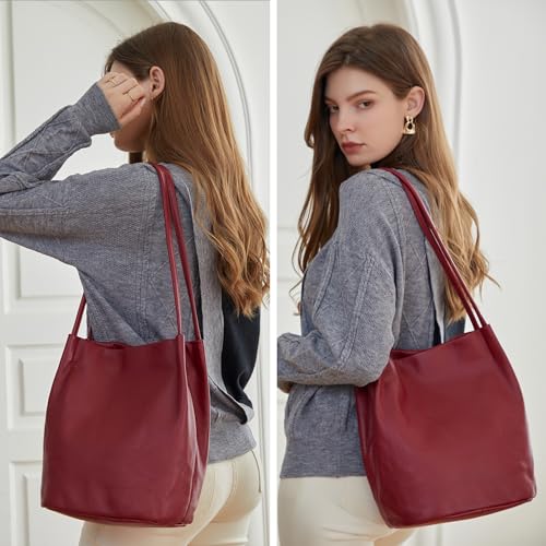 Iswee Soft Leather Tote Bucket Bag Hobo Shoulder Purse and Handbags Women | Large Size Roomy Pocketbooks Ladies Bag Everyday Bag Casual Work Travel Designer Hand Bag - color: Wine-lichee