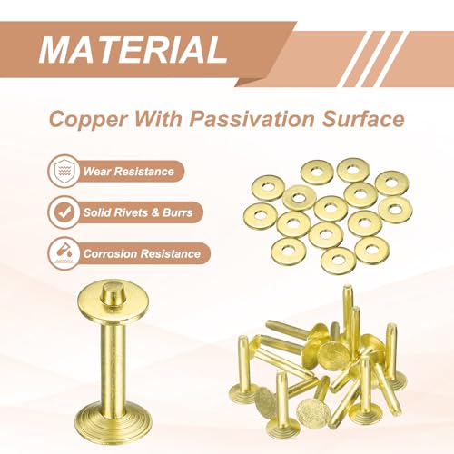 HARFINGTON 15Set Brass Rivets and Burrs Washers 10x3.3x19mm Dimpled Finish Solid Leather Rivet Fastener Studs Posts for Leather DIY Craft Belts Wallets Collars, Gold Yellow - color: Gold Yellow, size: 10x3.3x19mm