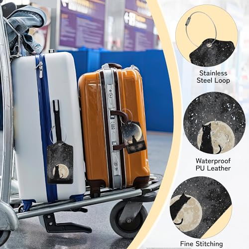 3 Pack Black Cat Luggage Tags for Suitcases, Moon Night Cute Leather Name Tag with Privacy Cover with Stainless Steel Loops, Travel ID Bag Tags for Women Men - color: Black Cat Moon Night