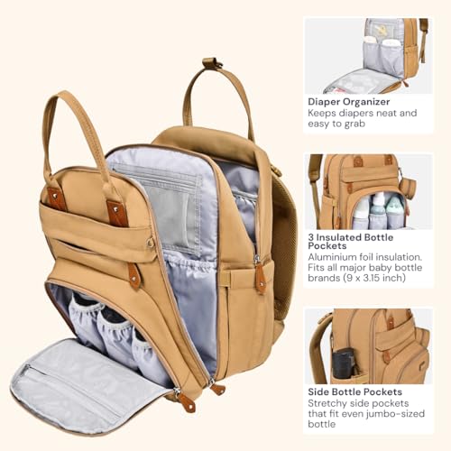BabbleRoo Diaper Bag Backpack - Baby Essentials Travel Tote - Multi function Water Resistant Diaper Bag, Travel Essentials Baby Bag with Changing Pad, Stroller Straps & Pacifier Case - Unisex, Beige - color: Light Brown, size: Large