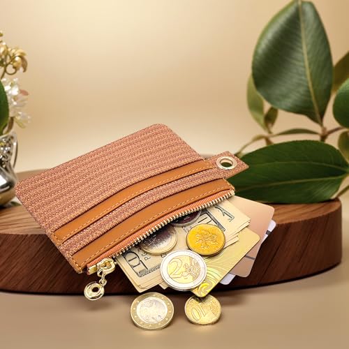 M-Plateau Key Chain Wallet for Women,Animal Print PU Leather Wallet | Eyelet Brown Credit Card Holder with ID Window, Zipper Pocket, Detachable Key Ring & Wristlet Strap - color: Eyelet Brown