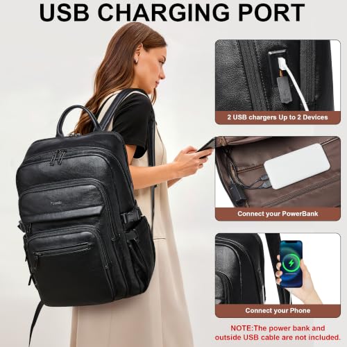Leather Laptop Backpack for Women Fits 17" Laptop, with RFID Wristlet Purse - color: Black