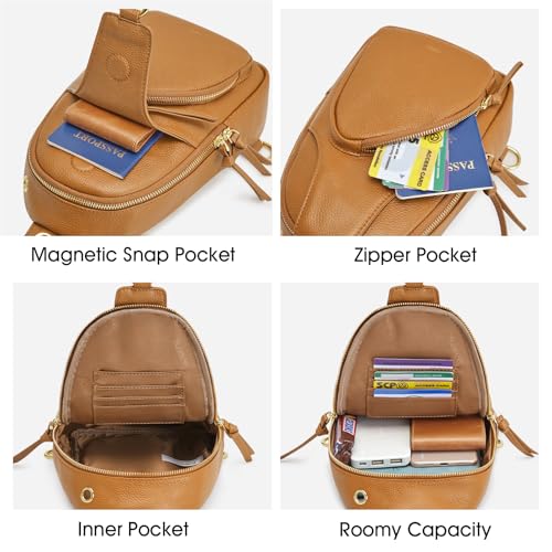 Kattee Sling Bag for Women, Leather Crossbody Bags for Travel, Brown | Top grain pebbled cowhide leather fanny pack crossbody purse. Small chest bag with RFID blocking for travel. - color: Brown